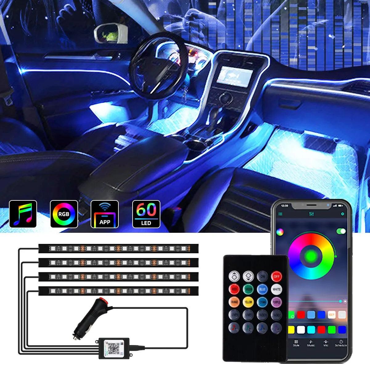 Neon LED Car Interior Ambient Foot Strip Light Kit Accessories RGB Backlight Remote App Music Control Auto Decorative Lamp