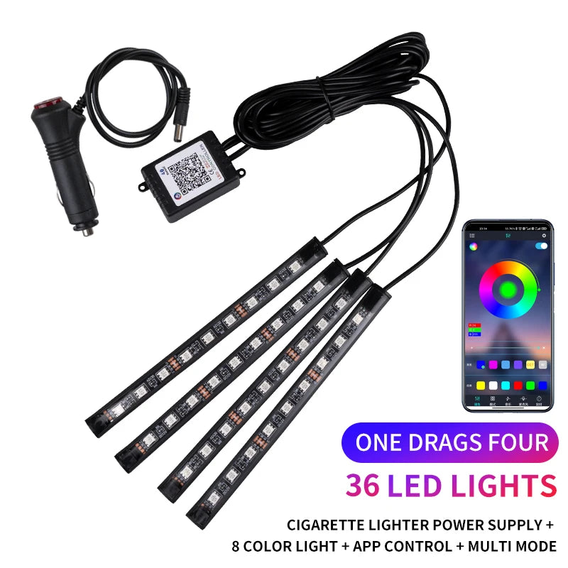 Neon LED Car Interior Ambient Foot Strip Light Kit Accessories RGB Backlight Remote App Music Control Auto Decorative Lamp