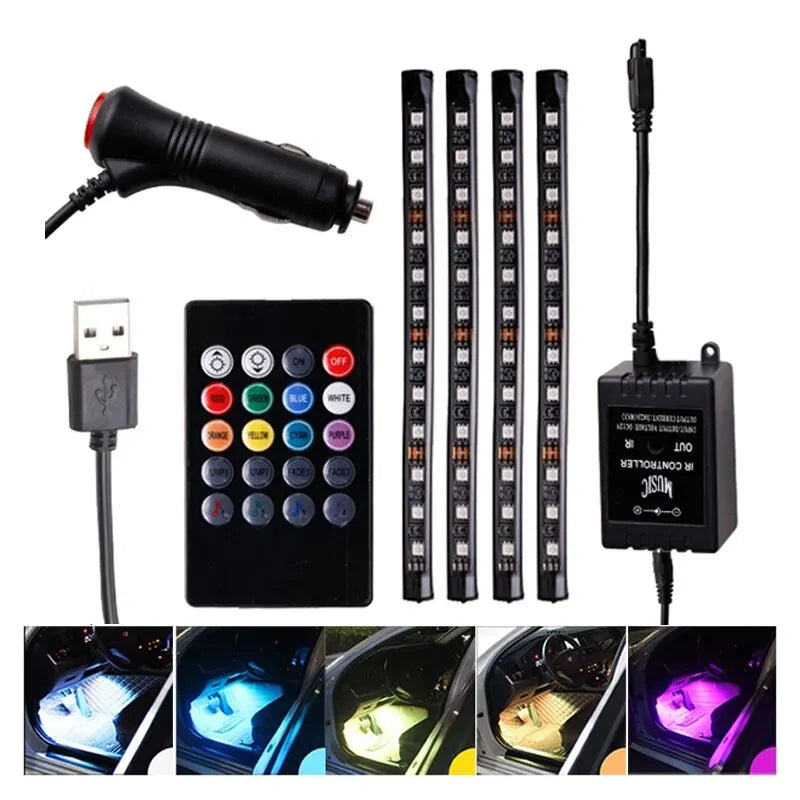 Neon LED Car Interior Ambient Foot Strip Light Kit Accessories RGB Backlight Remote App Music Control Auto Decorative Lamp