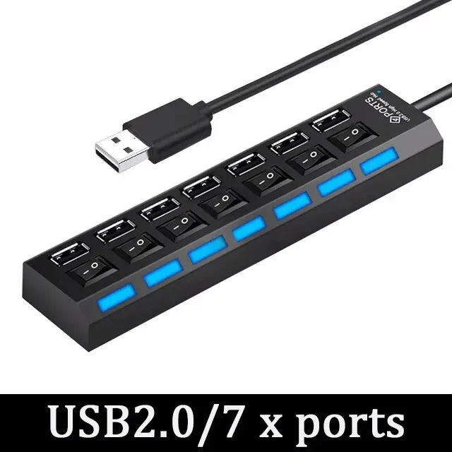 High Speed Usb Hub 2.0 Adapter Expander Multi Usb Splitter Multiple Extender Led Switch Lamp For Pc Laptop 4 Ports 7 Ports